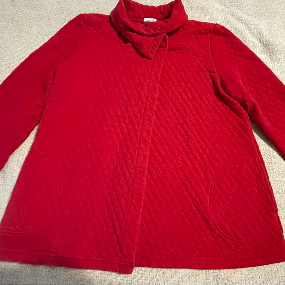 J Jill Pure Jill Womens M Long Red Quilted Jacket Full Snap Closure w/ Pockets.